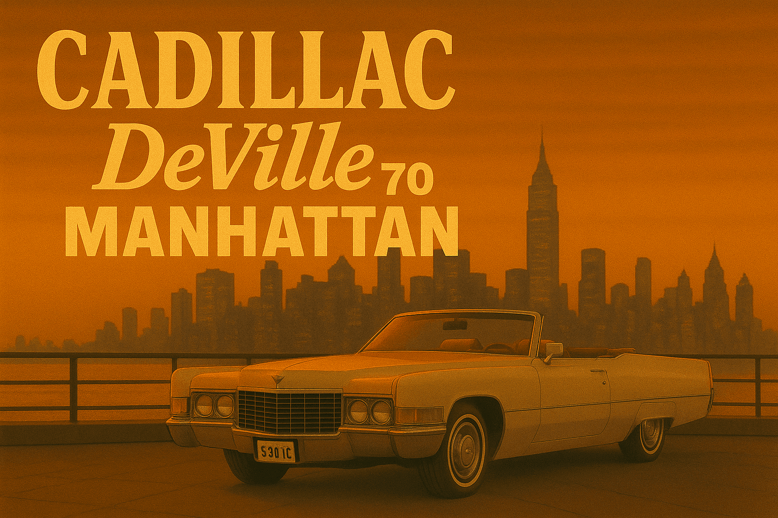 Cadillac Deville con el skyline de manhattan de fondo y puesta de sol