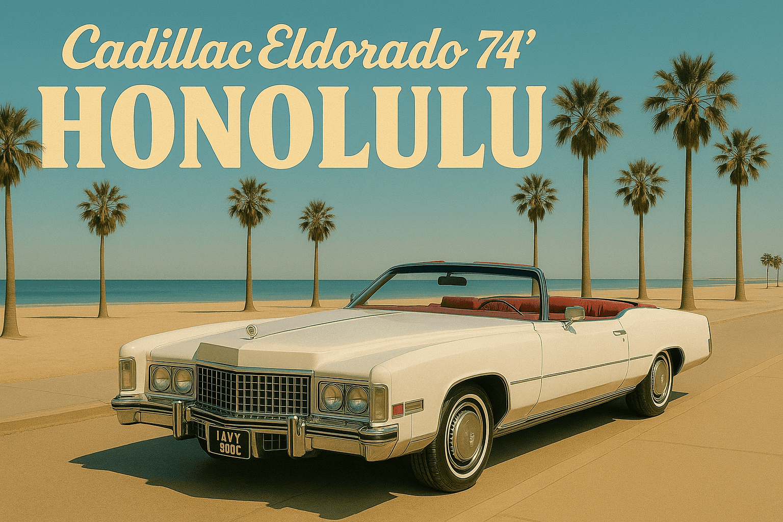 Un cadillac eldorado descapotable con la playa y palmeras de fondo