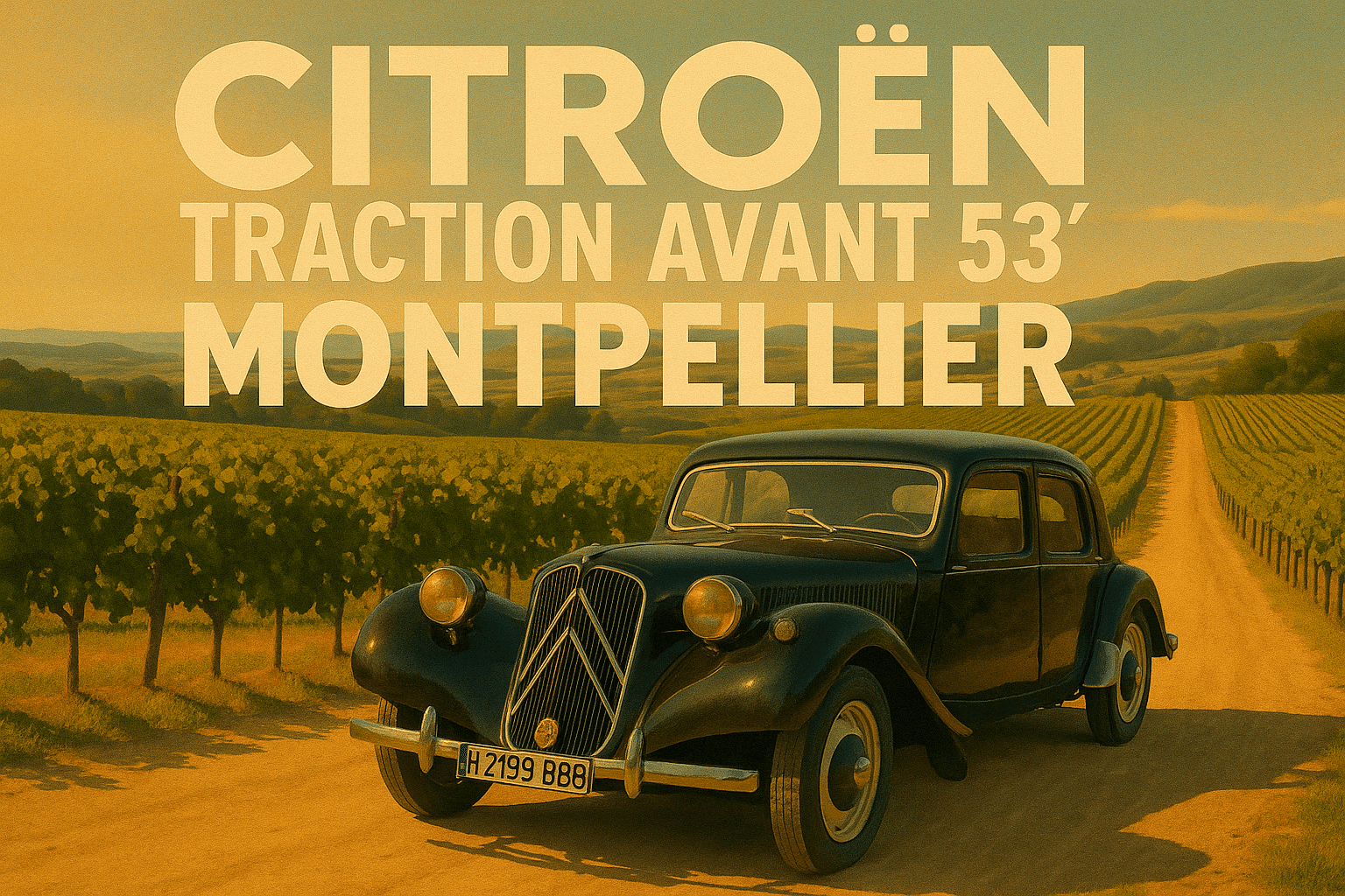Un citroën traction avant negro atravesando unos viñedos